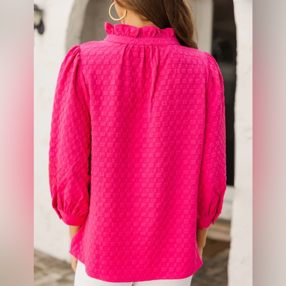 Fuchsia Hot Pink 3/4 Sleeve Shirt | Textured Knit | Ruffled V-Neck | M | NWT - Picture 5 of 9